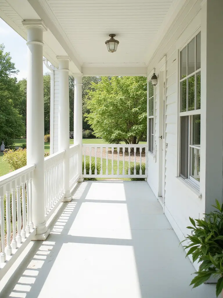 Classic white porch with lush green landscaping