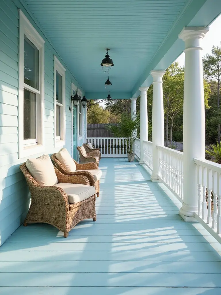 Coastal Blue Porch with White Trim and Wicker Furniture
