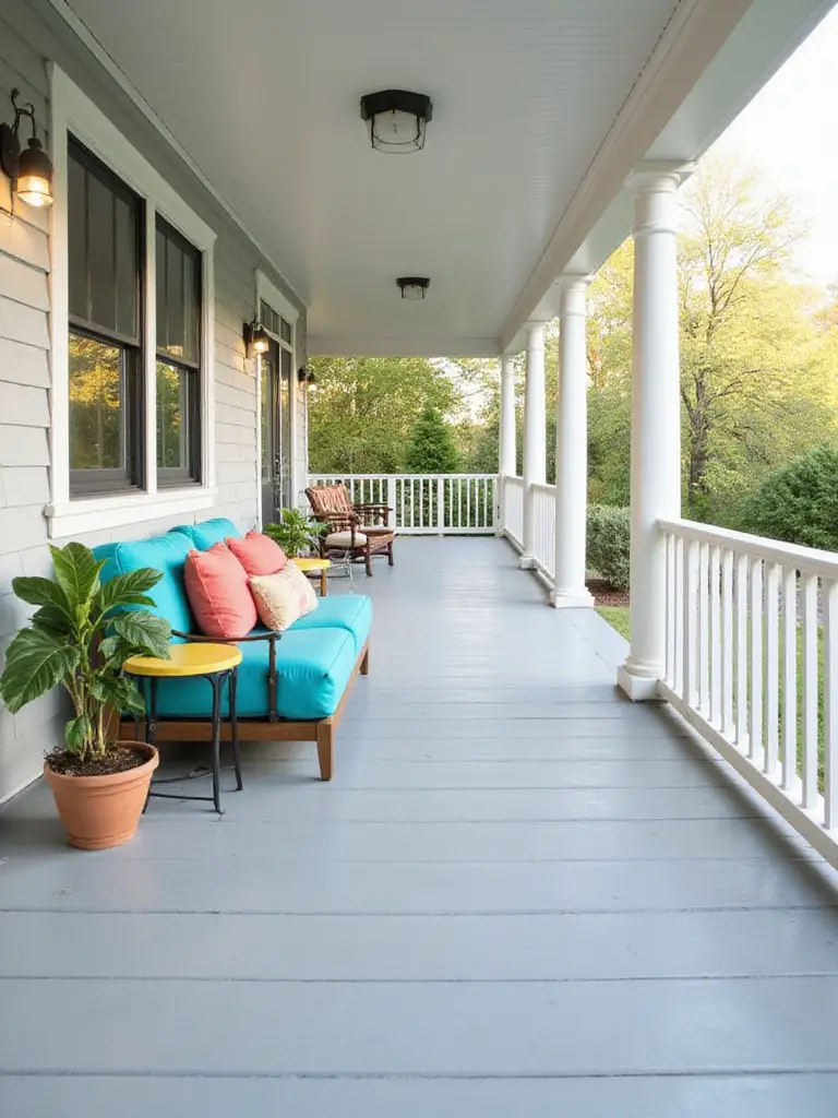 Light gray porch with vibrant turquoise sofa, coral pillows, and yellow side table.