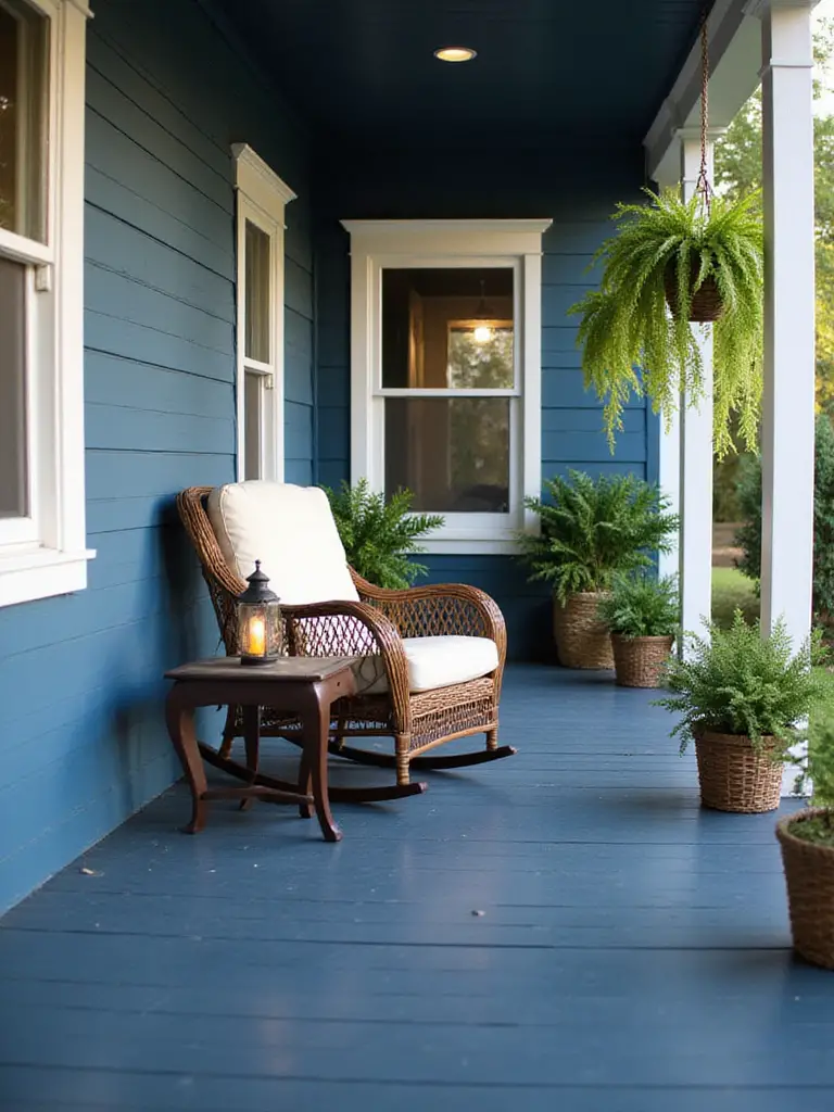 Navy blue painted porch with white trim and wicker rocking chair