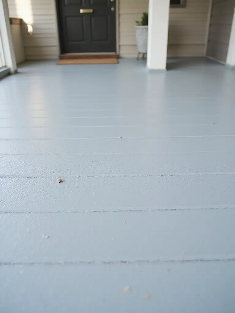Durable gray painted porch floor with welcome mat showing resistance to wear and tear.