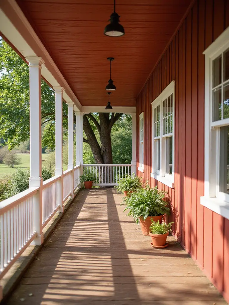 Farmhouse porch painted a warm barn red with white railings and potted plants.