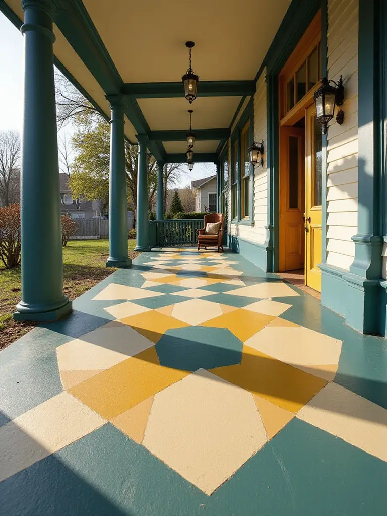 Grand porch with bold geometric painted floor in teal, yellow, and white.