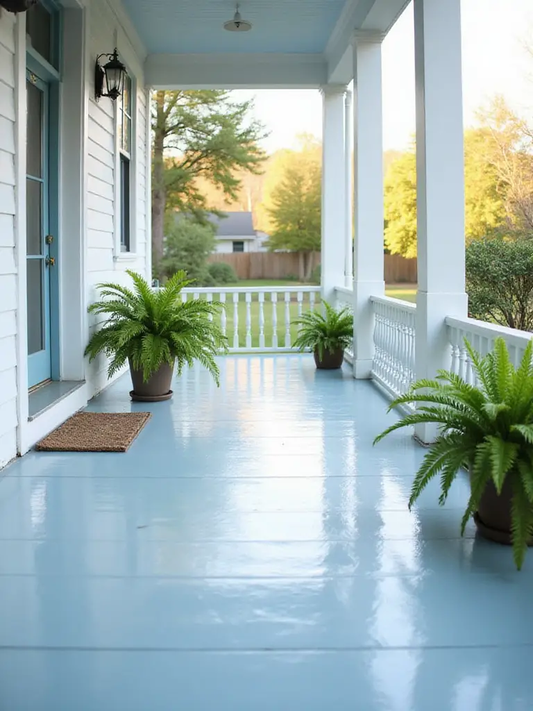High-gloss white porch floor reflecting light and creating a bright outdoor space.