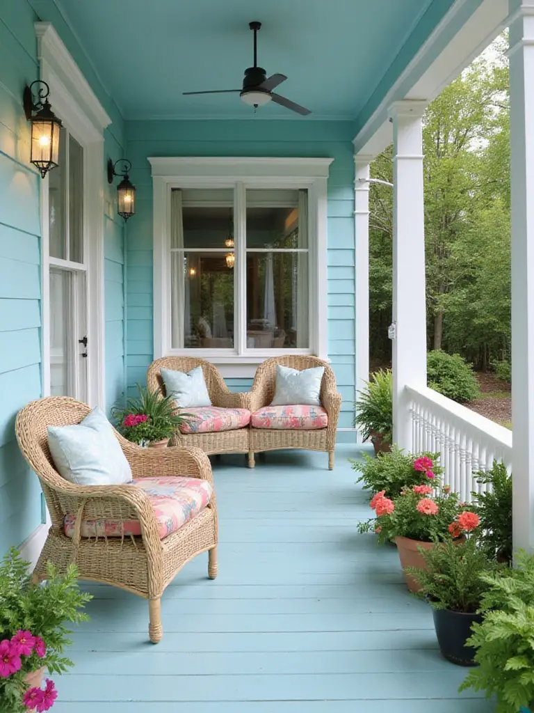 Porch painted in soft pastel blue with white trim and wicker furniture.