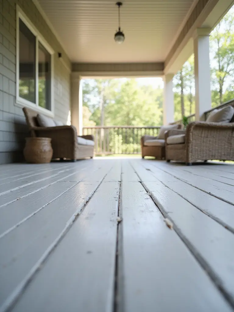 Covered porch with soft gray matte painted wooden floor and wicker furniture.