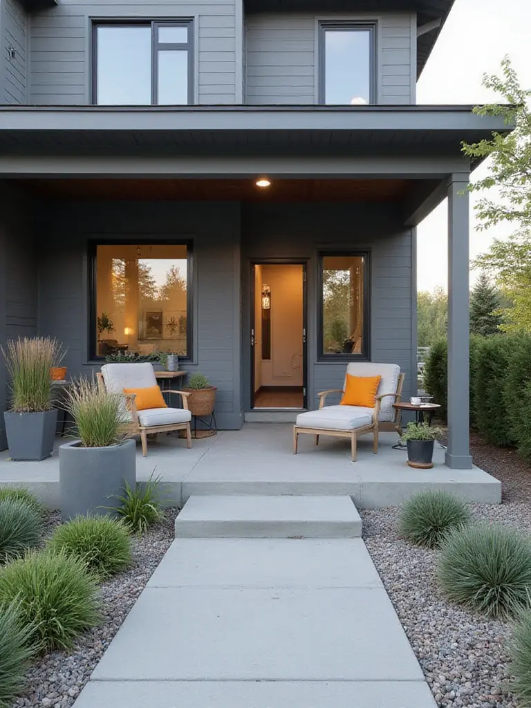 Modern gray porch with sleek outdoor furniture and minimalist landscaping.