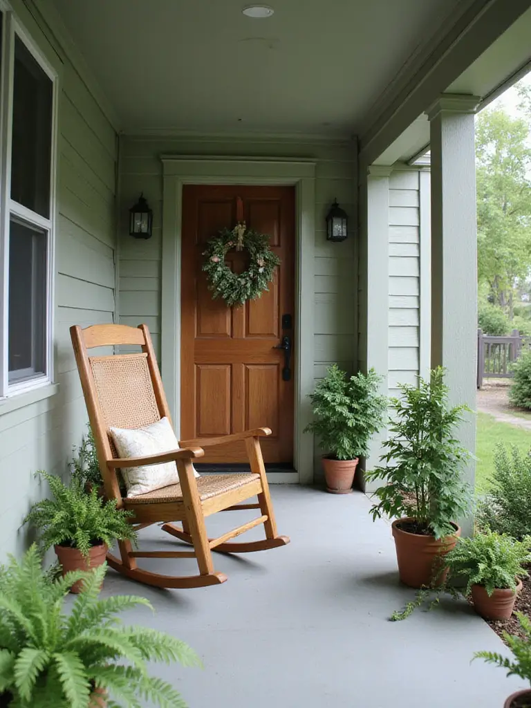 Sage green porch with rocking chair and potted plants.
