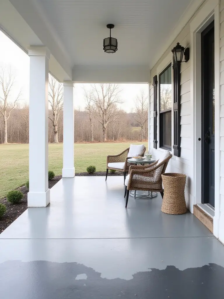 Modern porch with an ombre painted concrete floor fading from light gray to charcoal gray