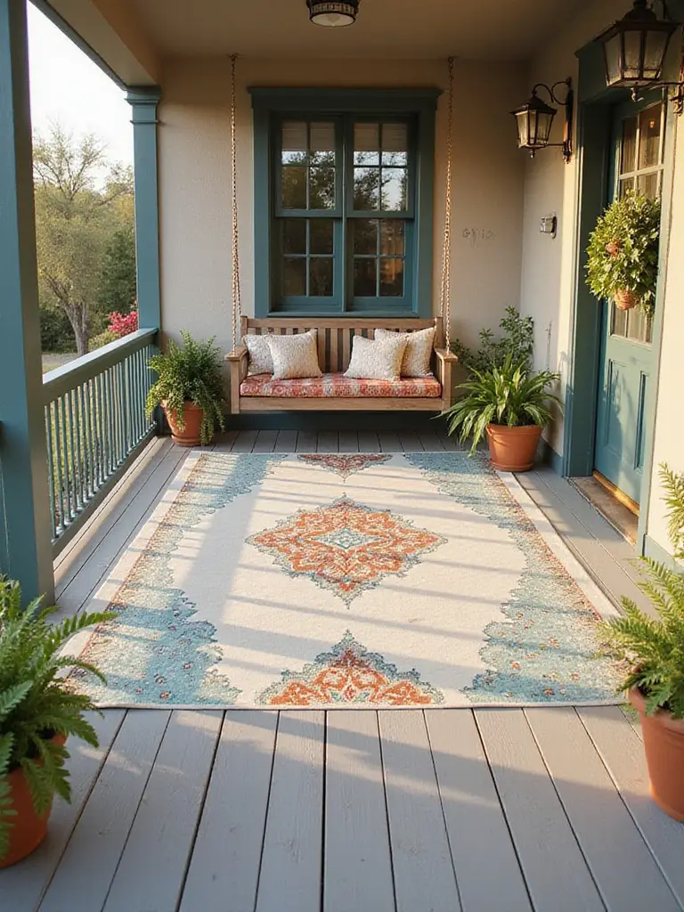 Front porch with a faux painted rug featuring a Moroccan-inspired design.