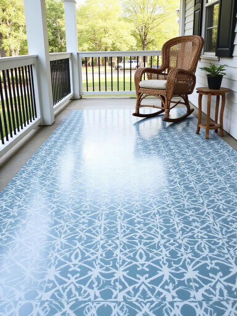 Porch floor stenciled with a geometric blue and white pattern.