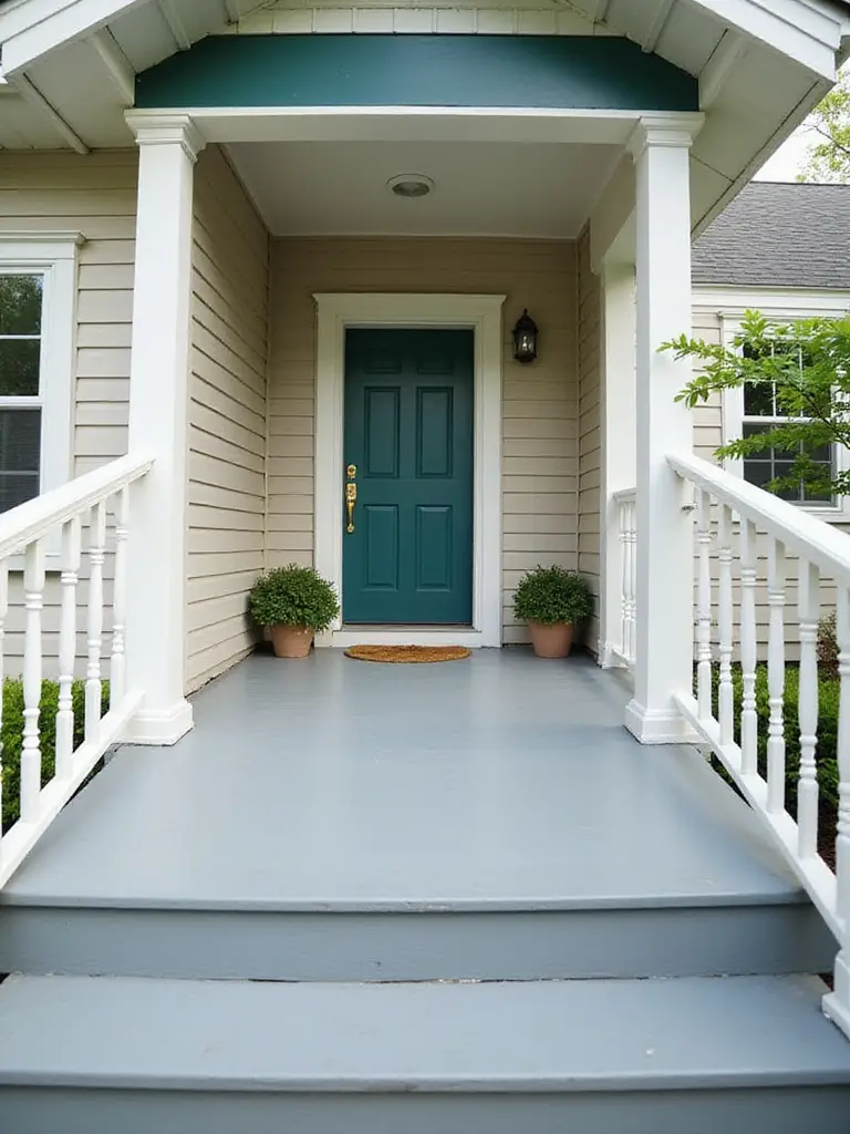 Two-tone porch with gray floor, white railing, and teal door.