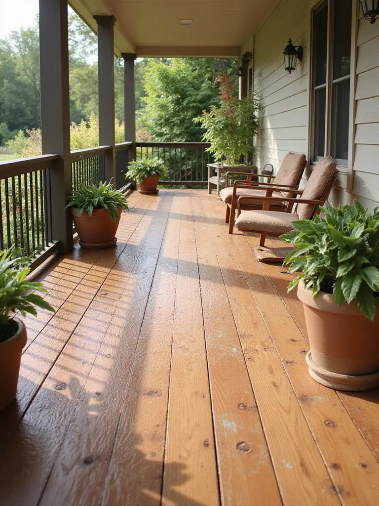 Porch with faux wood grain painted floor for rustic outdoor style