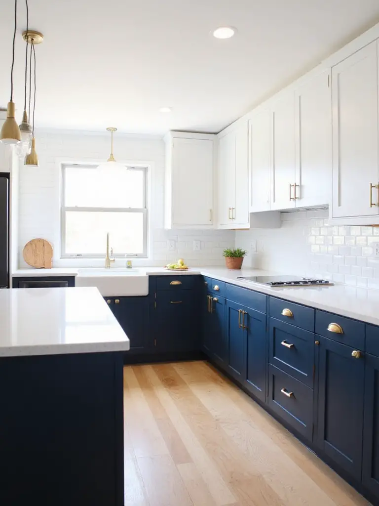 Modern kitchen featuring deep navy blue lower cabinets paired with white upper cabinets, light quartz countertops, and brushed brass hardware.