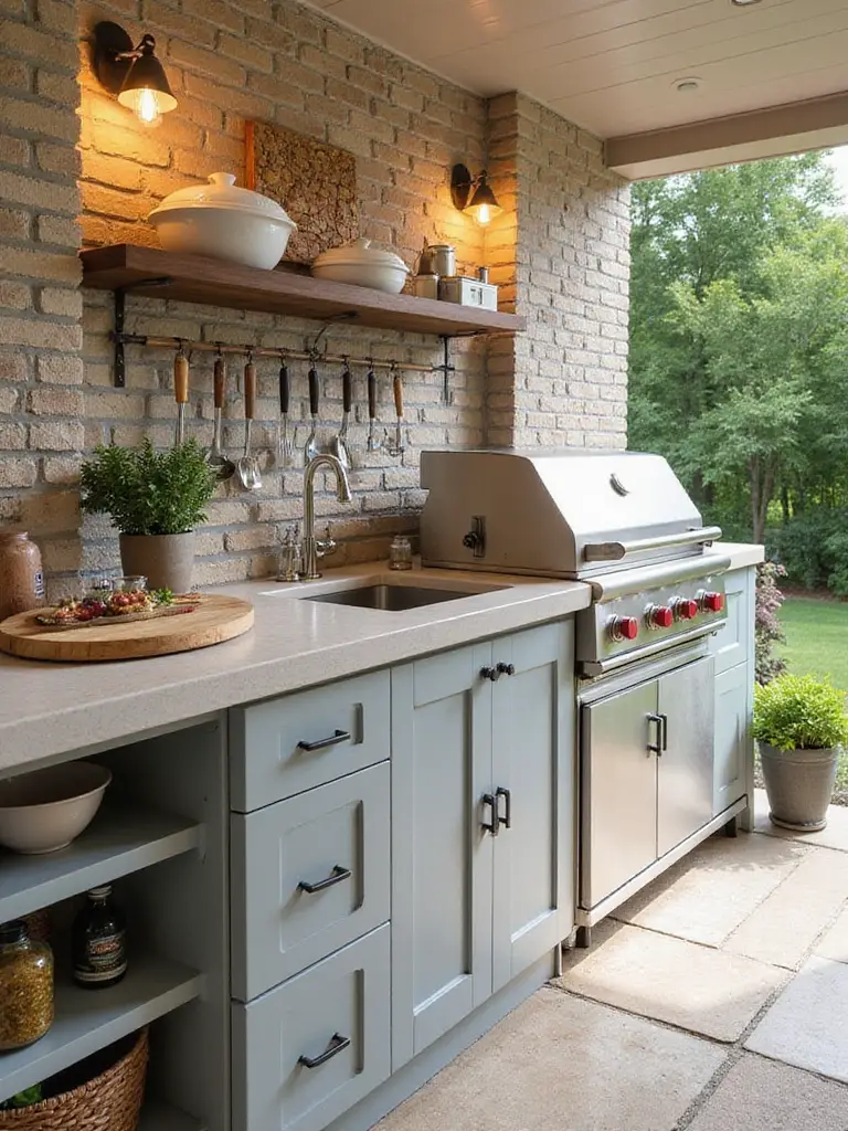 A stylish outdoor kitchen area featuring a built-in grill, accessorized with organized tools, herb plants, and decorative outdoor lighting on a sunny patio.