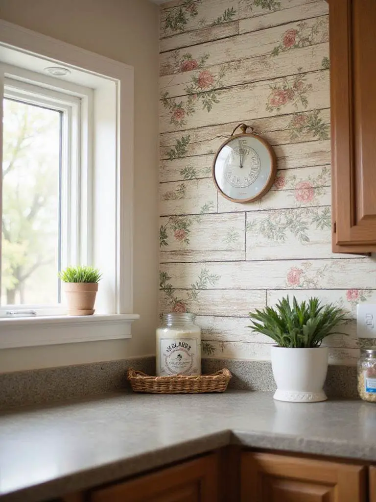 Cozy kitchen with rustic wallpaper featuring faux shiplap and vintage florals