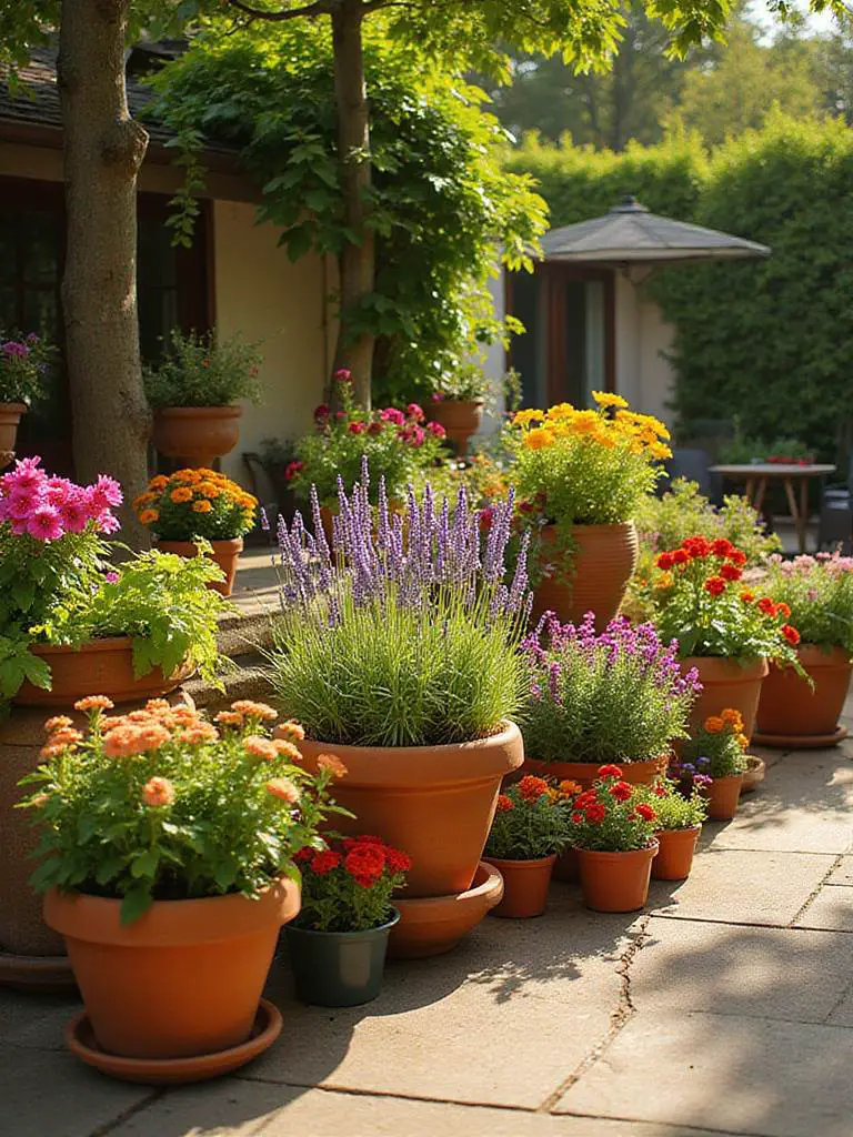 Beautiful patio garden with colorful annuals and perennials blooming in various containers, creating a vibrant outdoor space.