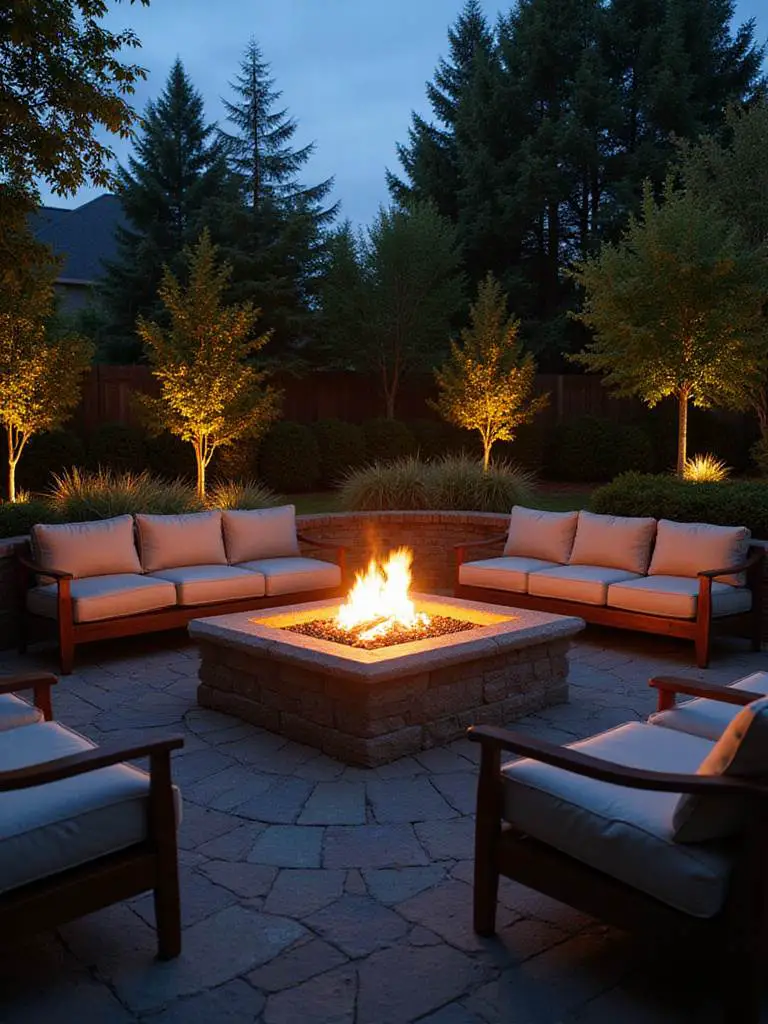 Cozy backyard with a fire pit and seating area, illuminated by warm lighting