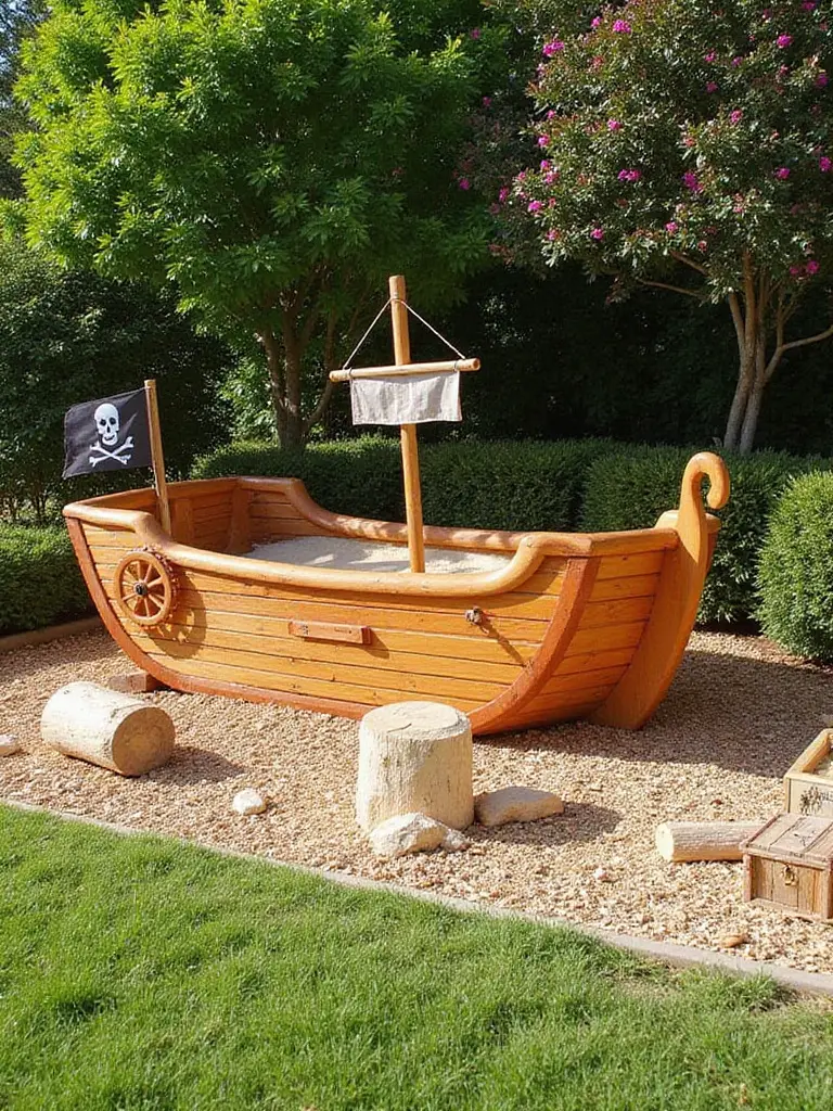 Themed backyard play zone designed as a pirate ship with a sandbox, steering wheel, and flag, surrounded by mulch and greenery.