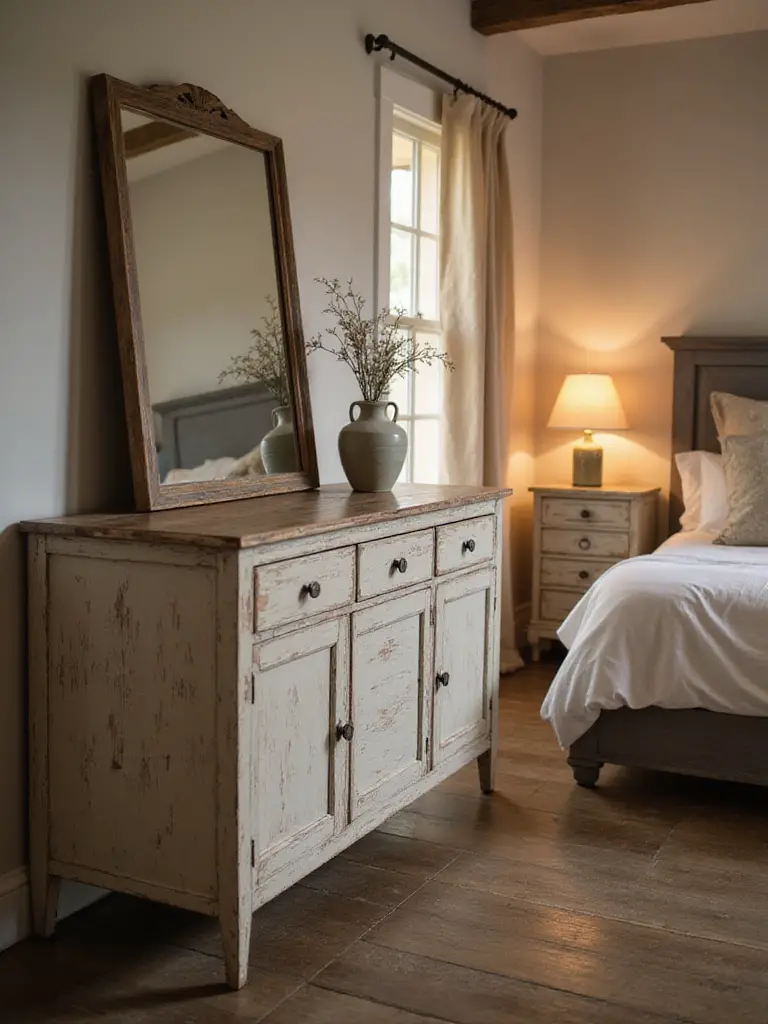 Cozy farmhouse bedroom featuring a distressed wooden dresser and nightstand, adding vintage character to the space.