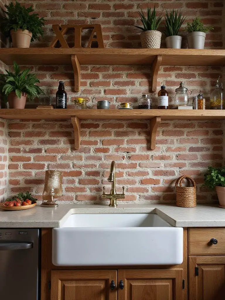Kitchen featuring brick wallpaper with rustic wooden cabinets and open shelving.