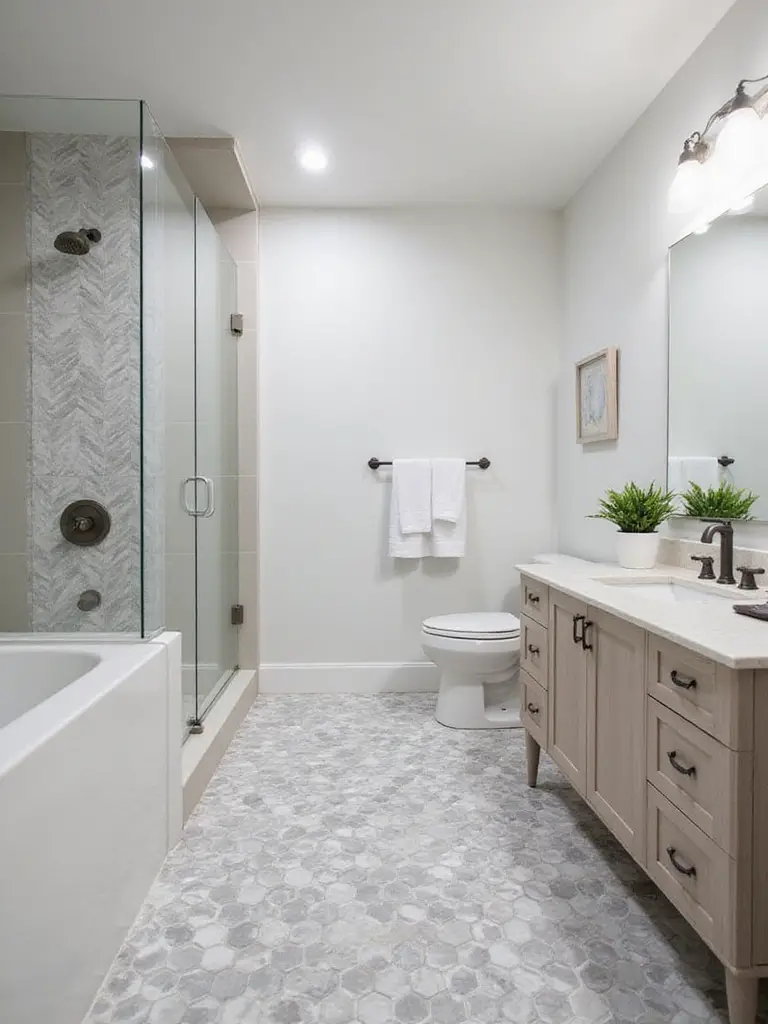 Modern bathroom with hexagonal geometric tile pattern on the floor and a subtle geometric accent wall tile.
