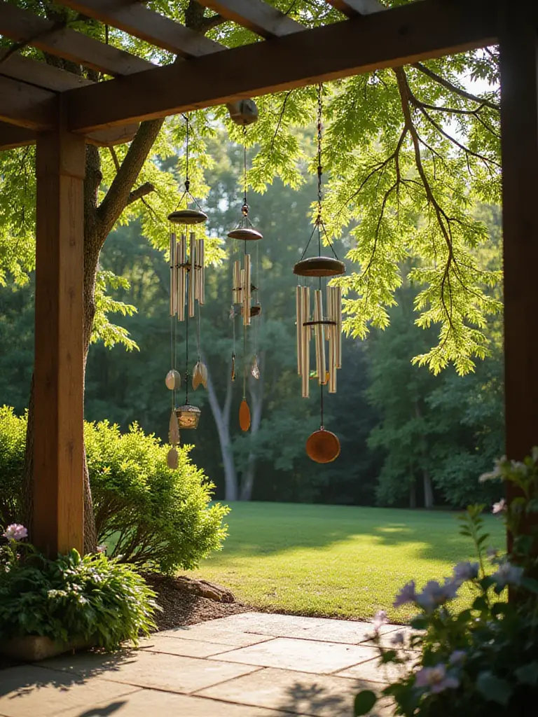 Various wind chimes hanging from a pergola and tree branch in a serene backyard patio area, adding melodic ambiance.