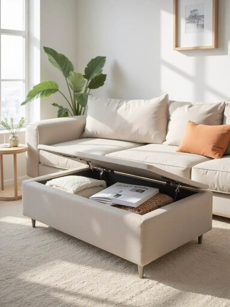 Modern living room with storage ottoman showing hidden space, maximizing utility and organization in a compact area.