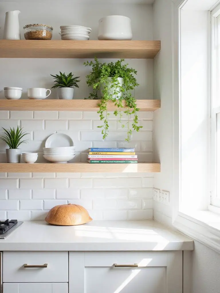 Modern kitchen with light wood open shelving displaying dishware, plants, and cookbooks on a white subway tile backsplash.