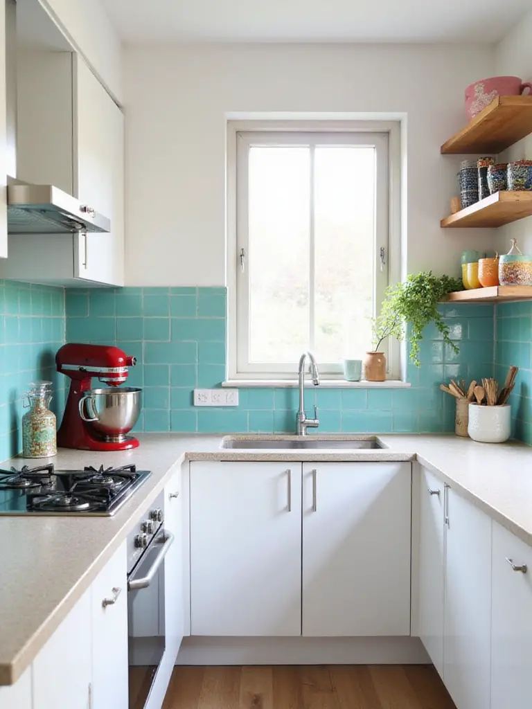Small modern kitchen with white cabinets and a bold teal tile backsplash. A red stand mixer and colorful mugs add pops of color.