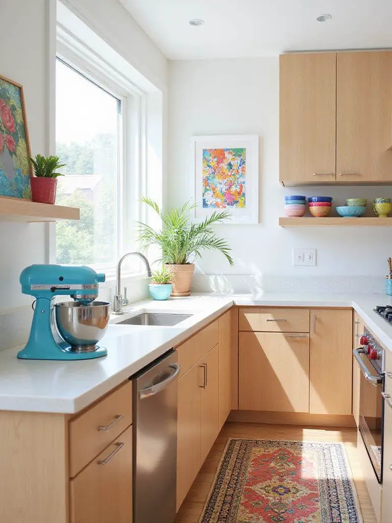 A bright, modern kitchen with neutral tones accented by vibrant pops of color from accessories like a blue mixer, colorful bowls, wall art, and a patterned rug.