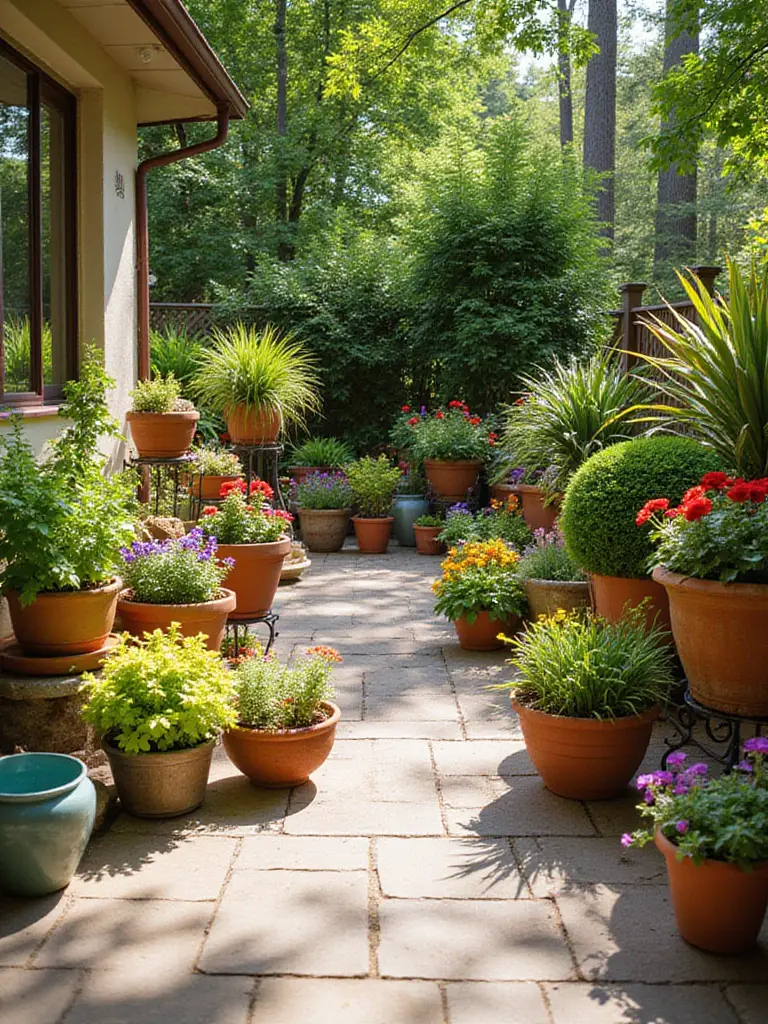 Backyard patio decorated with a colorful assortment of potted plants and planters, adding vibrant life and texture to the outdoor living space.