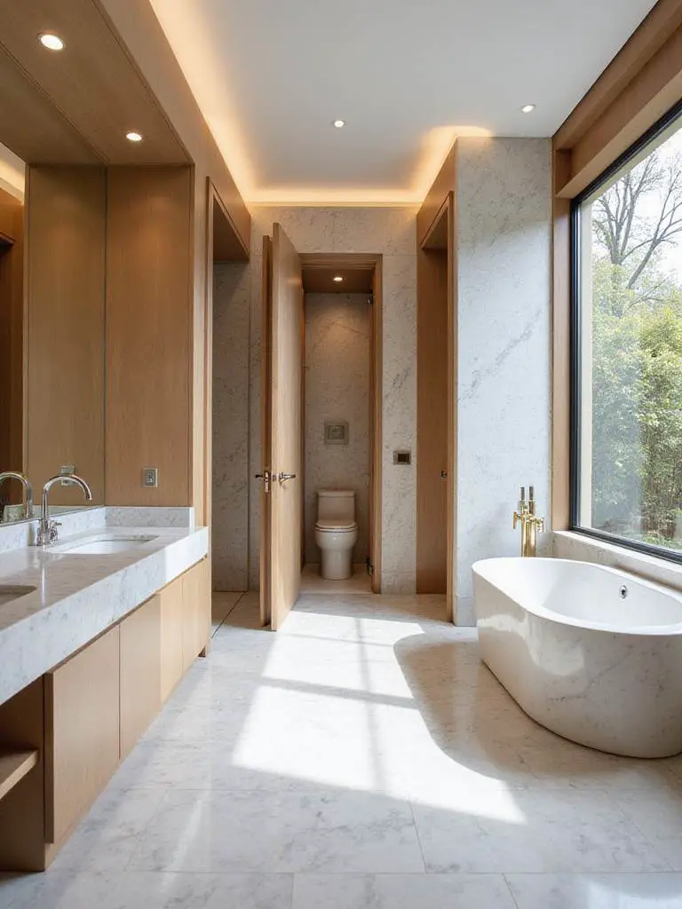 Luxurious master bathroom featuring a separate enclosed water closet for enhanced privacy and functionality.