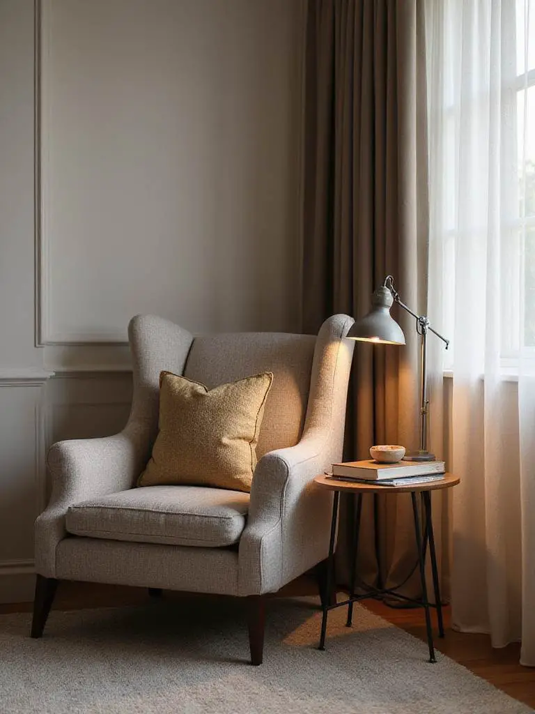 Stylish side table next to armchair with lamp and book, enhancing cozy living room comfort and function.