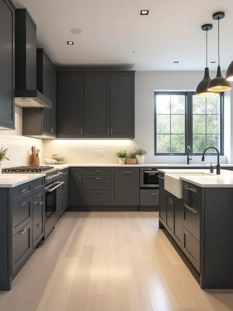 Modern kitchen with flat-panel charcoal gray cabinets, light waterfall island countertop, wood floor, and ample lighting.