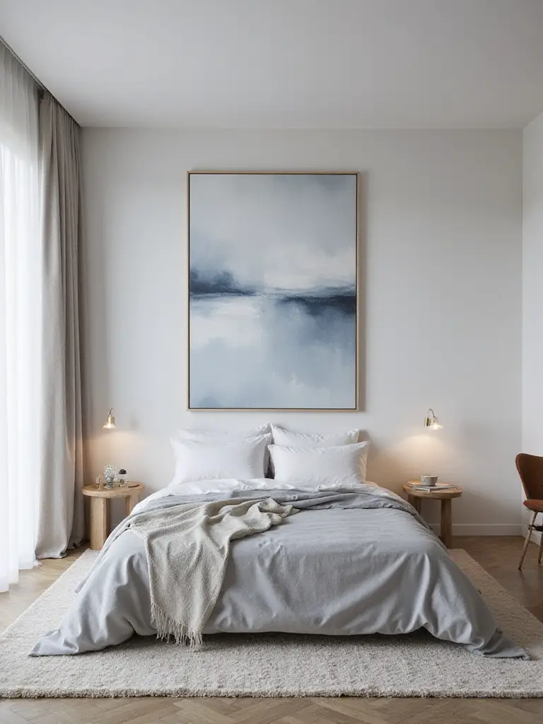 A modern bedroom featuring a large, calming abstract painting in blues and grays hung above the bed, contributing to a serene aesthetic.