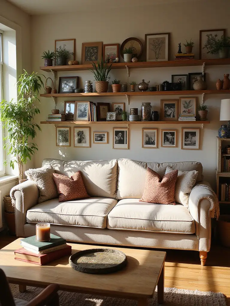 A cozy apartment living room filled with thoughtful, personal decor pieces on shelves, walls, and tables, enhancing the room's character under warm natural light.