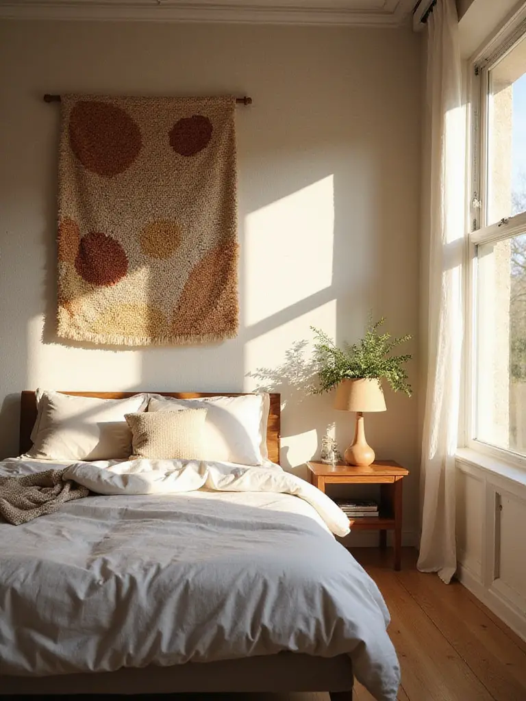 A cozy bedroom featuring a large, textured woven tapestry hanging above the bed, adding warmth and visual interest to the wall. The scene includes a made bed, nightstand, lamp, and plant under soft natural light.