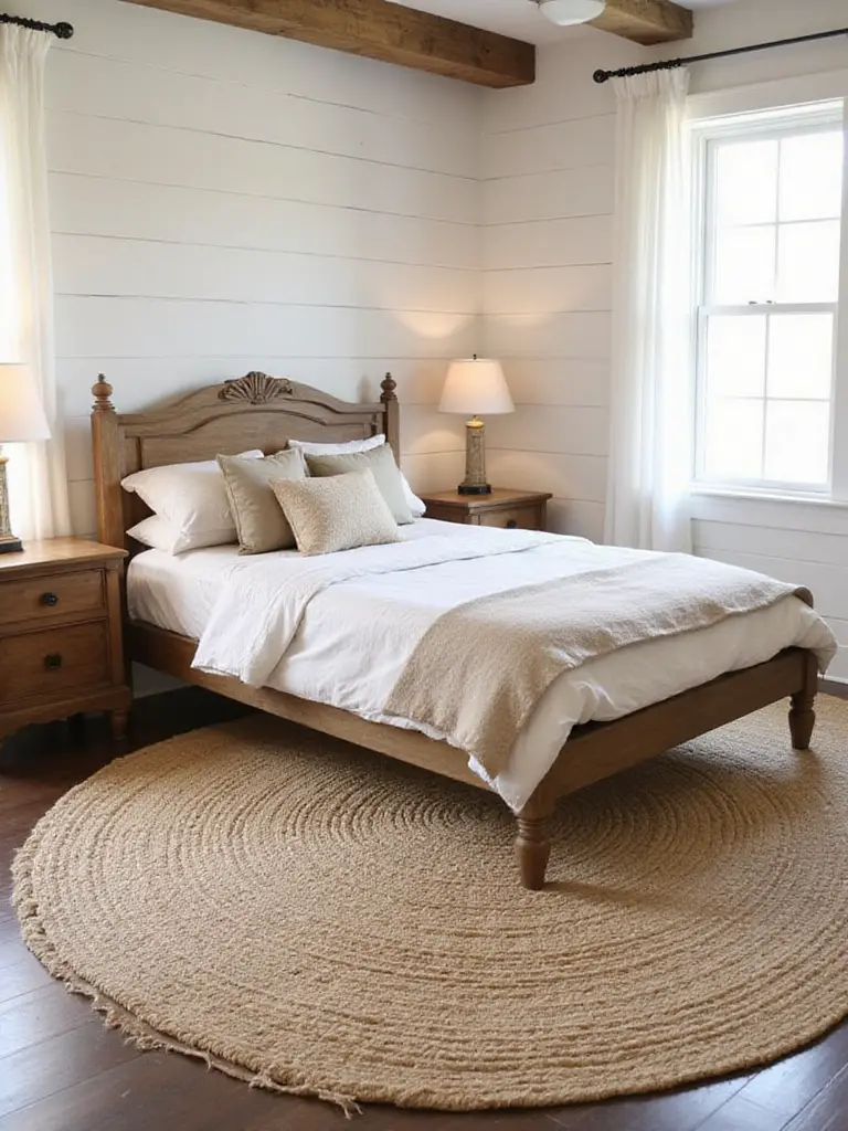 A cozy farmhouse bedroom featuring a large natural fiber rug anchoring the bed. The rug's texture adds warmth to the rustic wood furniture and neutral bedding.