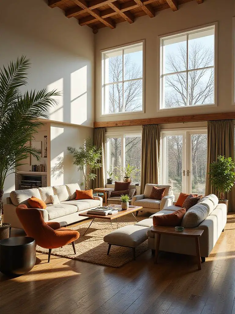 Living room furniture arranged for conversation flow: sofas facing each other, accent chairs angled, coffee table, clear paths, natural light.