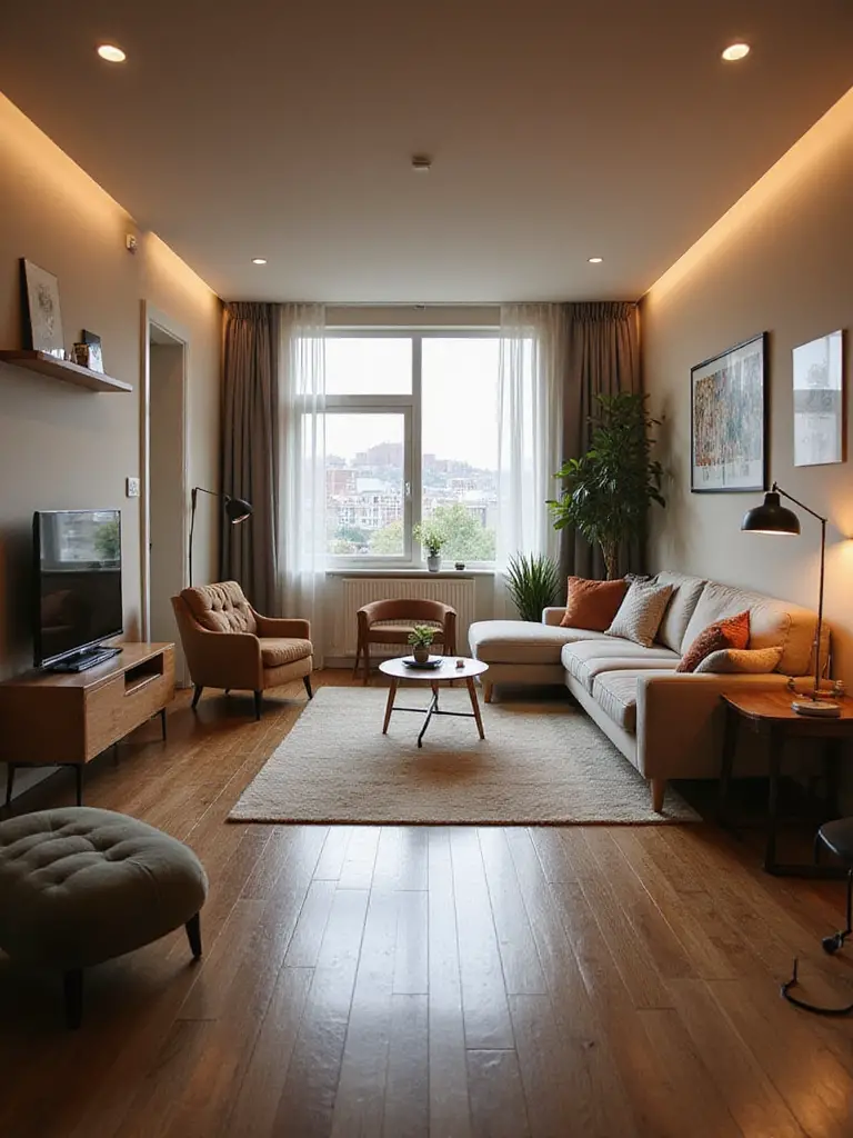 A modern apartment living room featuring furniture arranged for optimal flow and function, showing clear pathways and distinct zones.