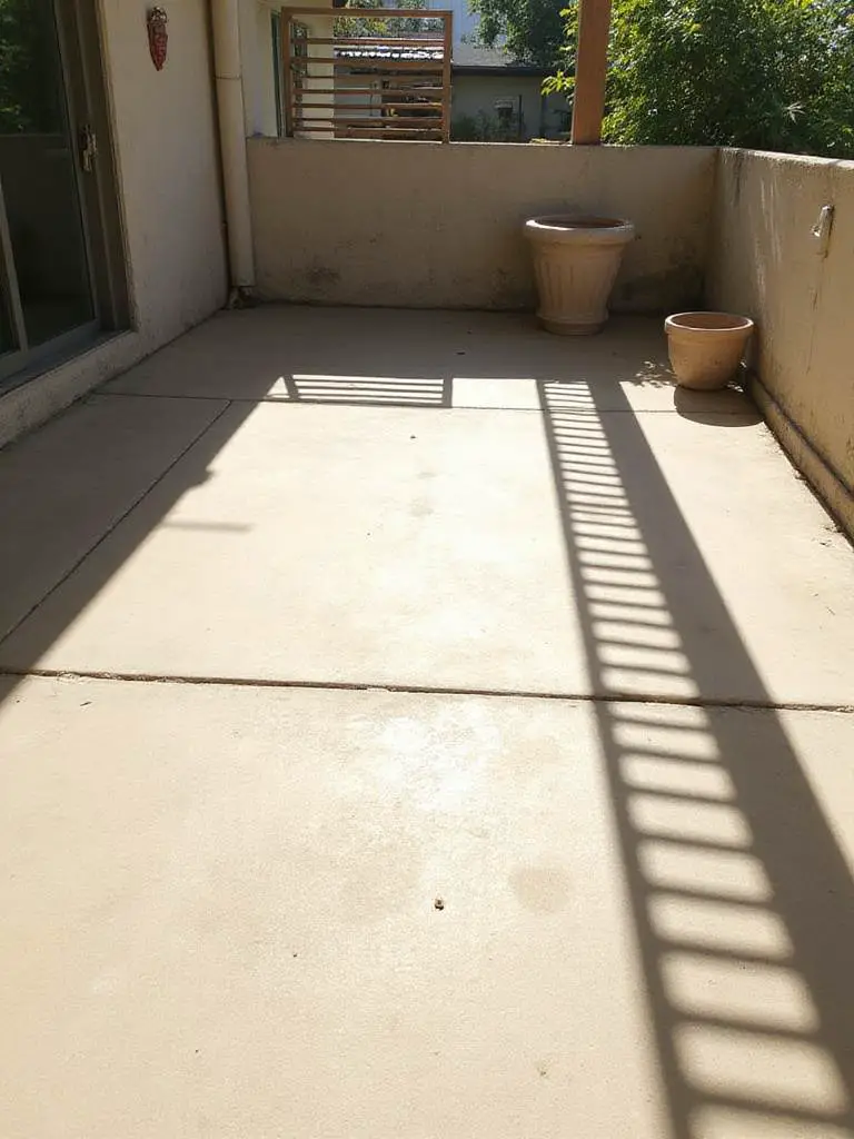 Bright sunlight casts sharp shadows across a concrete patio floor, illustrating how to assess sun exposure for patio gardening.