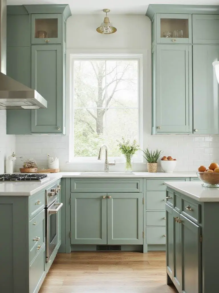 Stylish kitchen with sage green cabinets and white quartz countertop