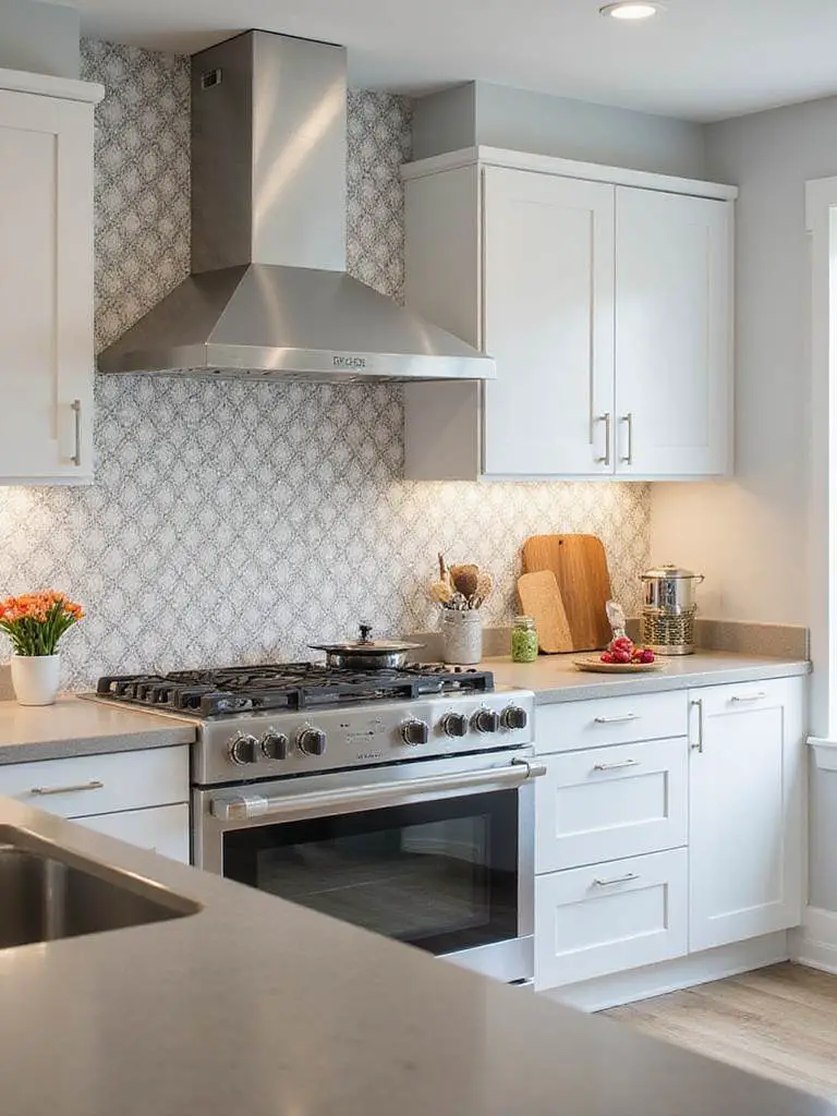Modern kitchen with wallpaper that resists heat and steam