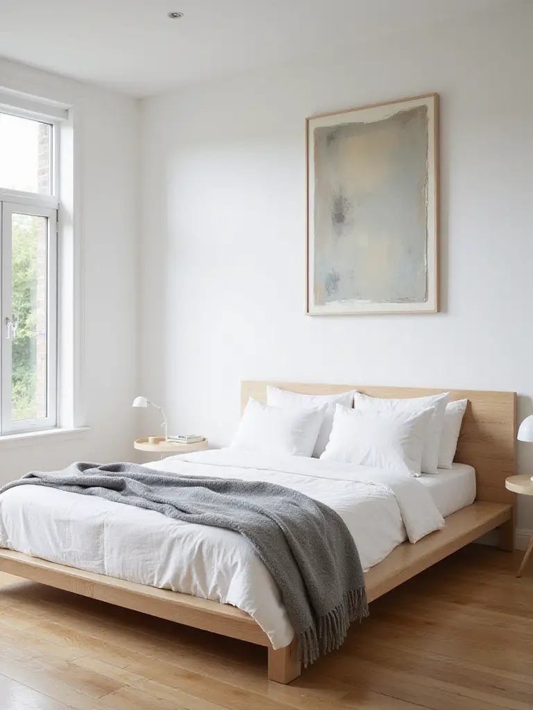 Minimalist bedroom with simple bedding and a single piece of artwork.
