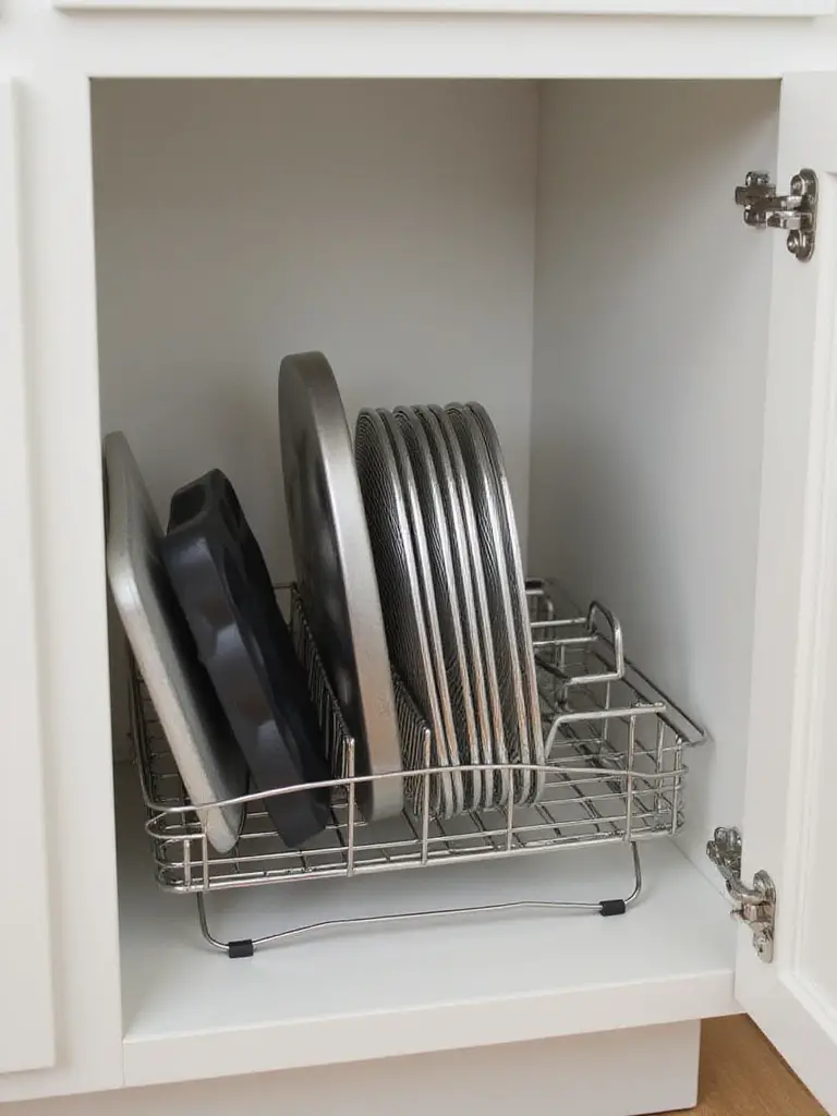 Open kitchen cabinet showing a wire bakeware organizer holding cooling racks, a muffin tin, and baking sheets upright.