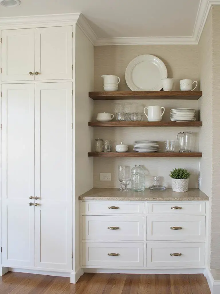 Balanced open and closed storage in kitchen interior design showing display shelving and concealed cabinet storage