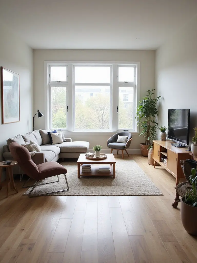 A serene, modern living room interior showcasing a completely clutter-free environment with tidy surfaces and organized furniture, emphasizing the tranquility of a well-maintained space.