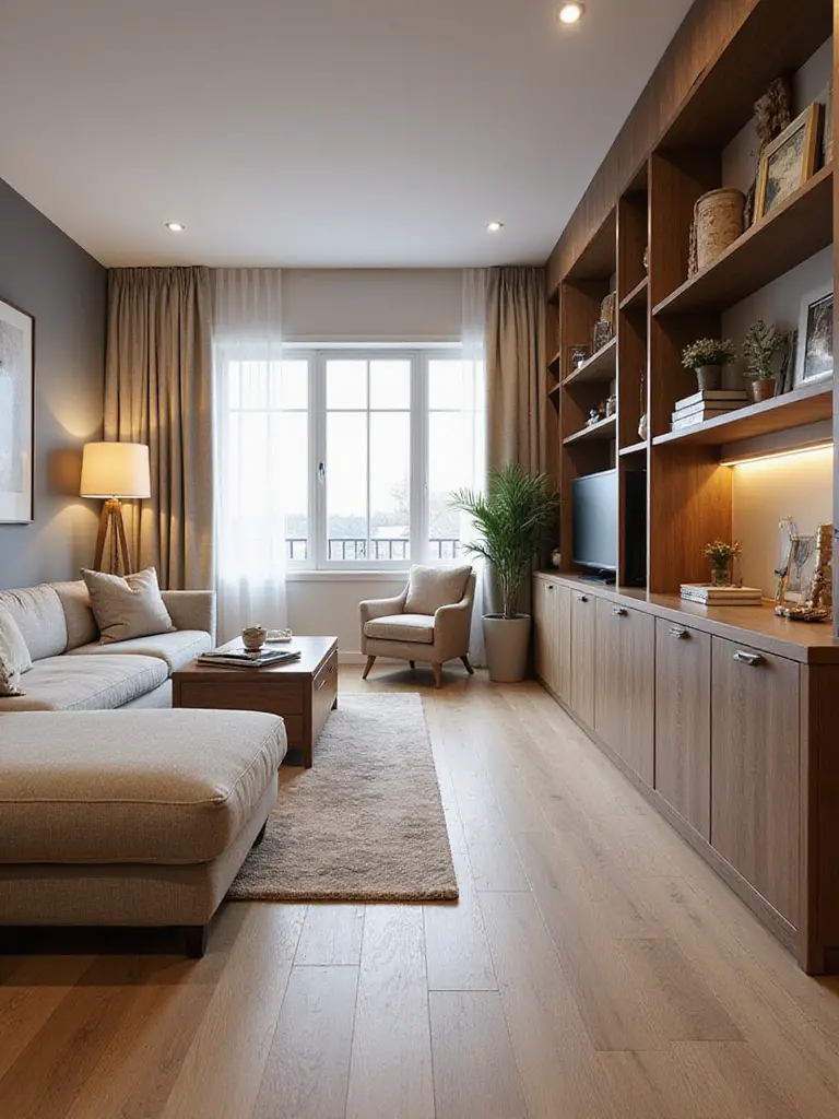 An inviting apartment living room showcasing a balance of style and practicality, featuring smart storage solutions, multi-functional furniture, and a well-planned layout.