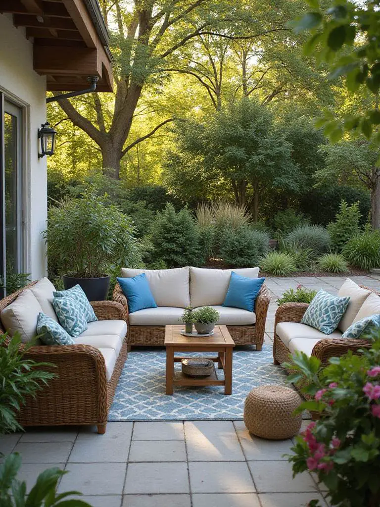 Outdoor wicker sofa and chairs on a patio covered in colorful, plush outdoor cushions and pillows, surrounded by green plants in warm sunlight.